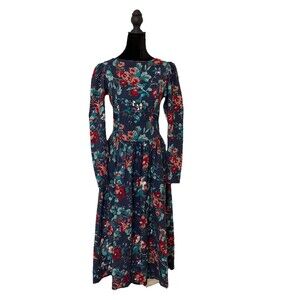 Vintage LAURA ASHLEY Blue Red Floral Puff Shoulder Prairie Dress Sz  US 8/UK 10